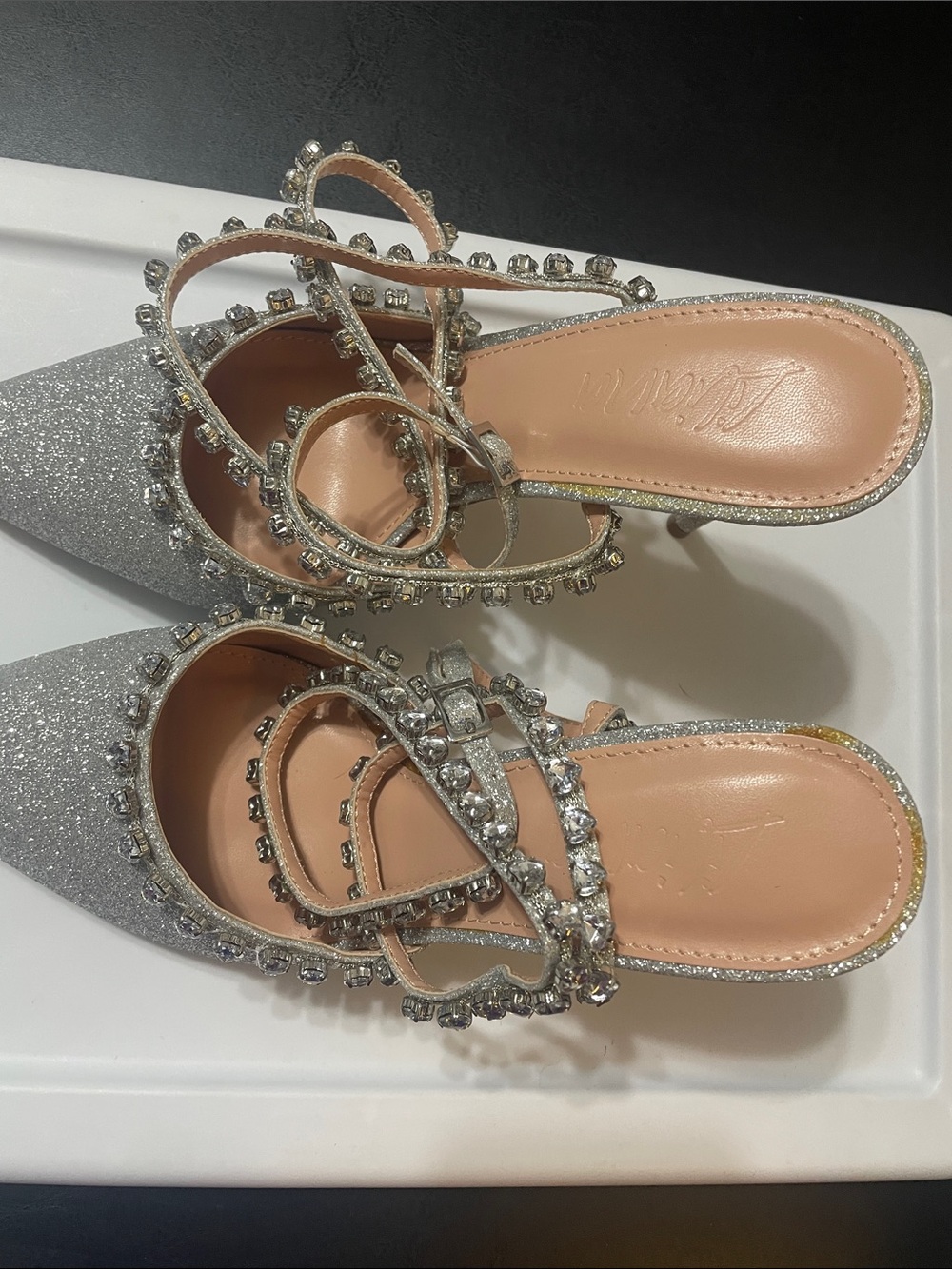 Liliana Silver Glitter Pointed Toe Embellished Strap Heels 4.5 in lift Sz. 10